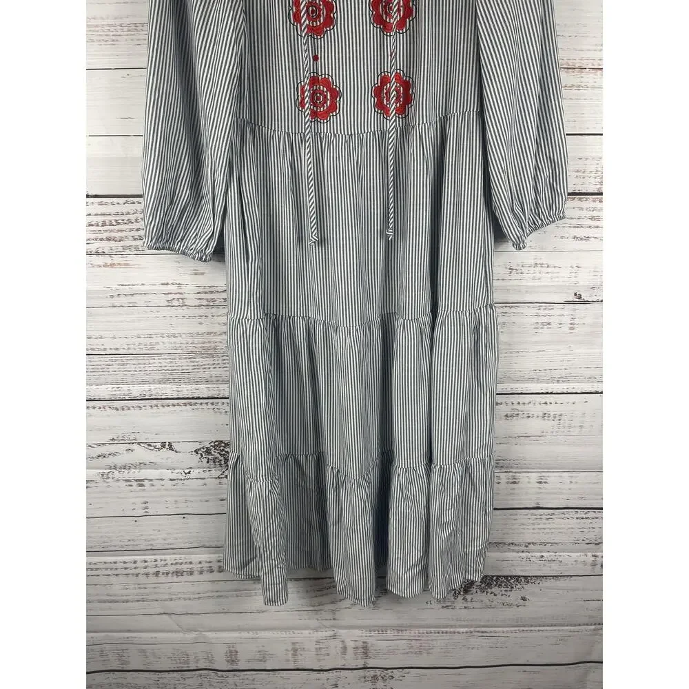 New Collection Dress Womens Small Blue Stripe Embroidered Floral Boho Swing Maxi - Picture 3 of 10